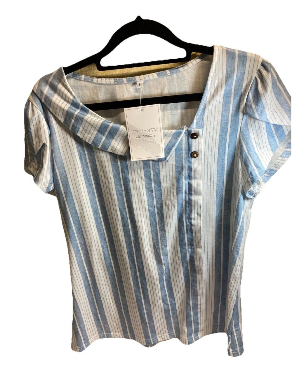 ETCYYNEW Women’s White and Blue Striped Wide Neckline Short Sleeve Top Size S